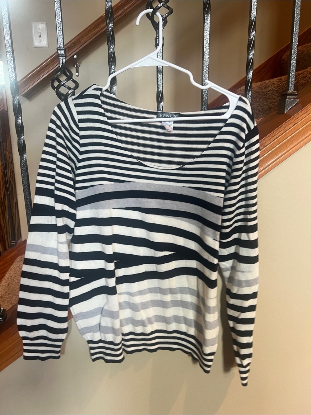 VENUS Black and White Striped Scoop Neck Top